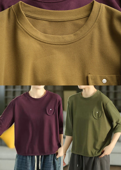 Vintage Green O-Neck Cotton Tops Half Sleeve