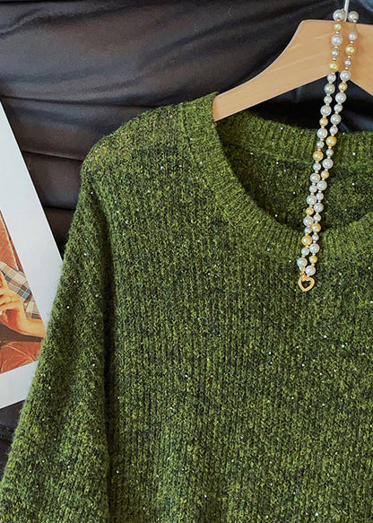 Vintage Green O Neck Hollow Out Knit Sweaters Fall
