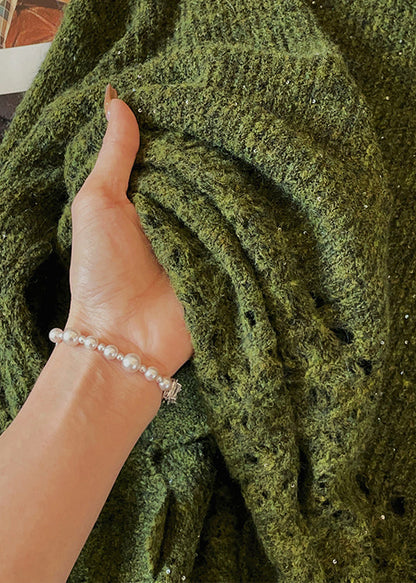 Vintage Green O Neck Hollow Out Knit Sweaters Fall