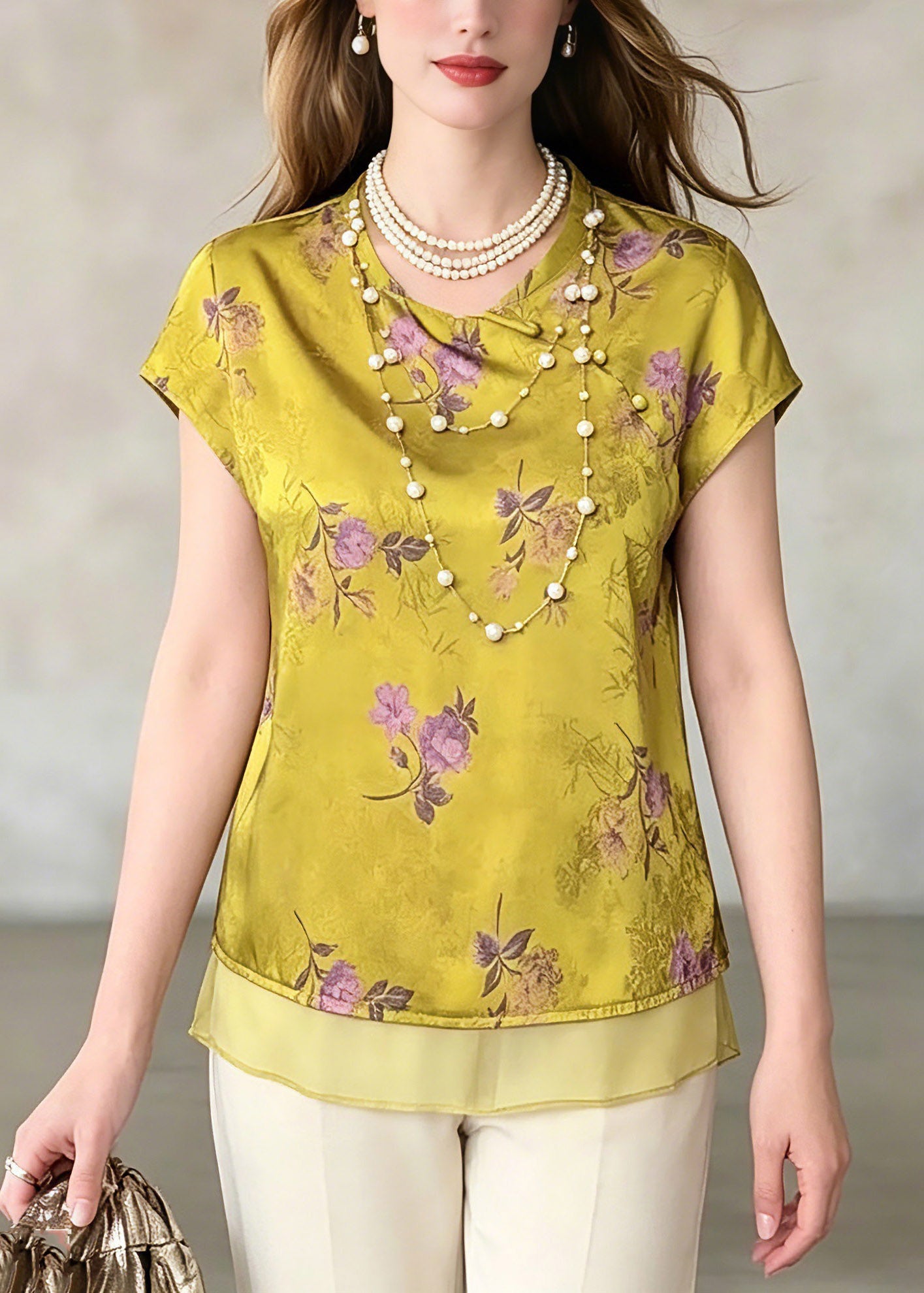 Vintage Green O-Neck Print Chiffo T Shirt Summer