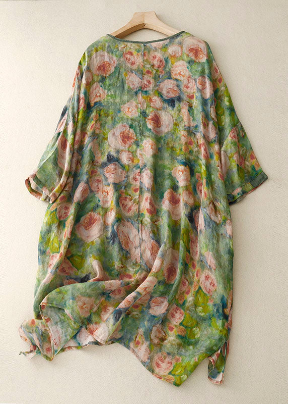 Vintage Blue geometry O Neck Print Patchwork Linen Mid Dress Bracelet Sleeve