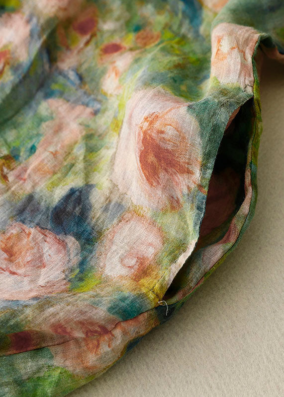 Vintage Blue geometry O Neck Print Patchwork Linen Mid Dress Bracelet Sleeve