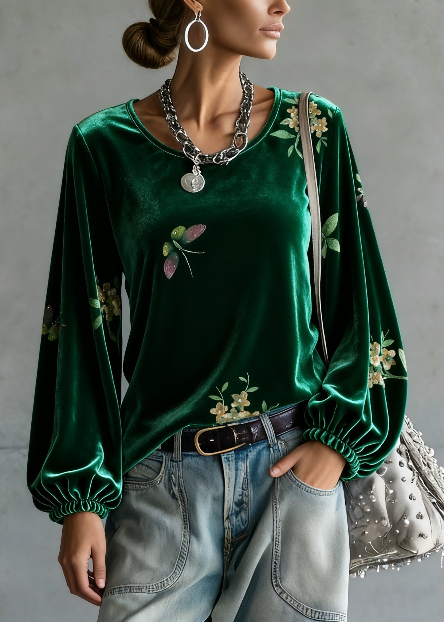 Vintage Green O-Neck Print Silk Velour Tops Spring