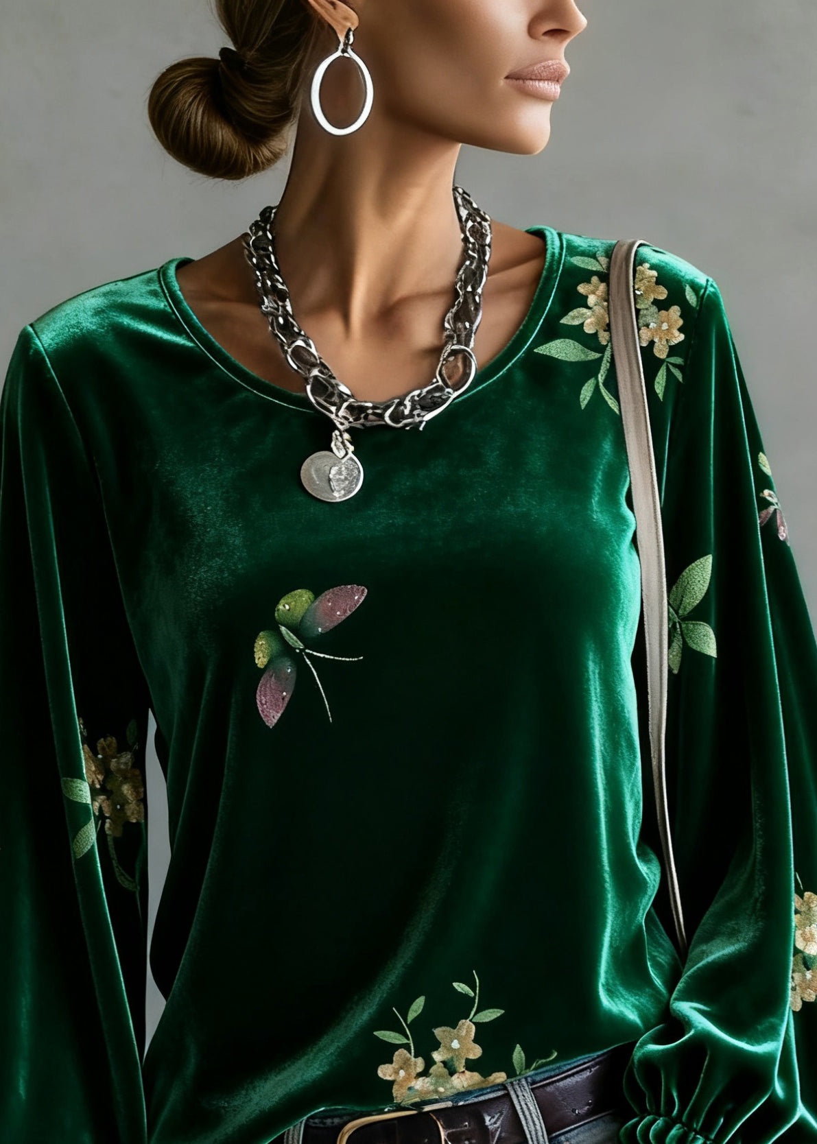 Vintage Green O-Neck Print Silk Velour Tops Spring