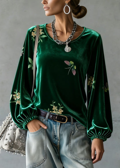 Vintage Green O-Neck Print Silk Velour Tops Spring
