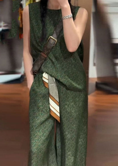 Vintage Green O-Neck Satin Vest And Wide Leg Pants Two Pieces Set Summer