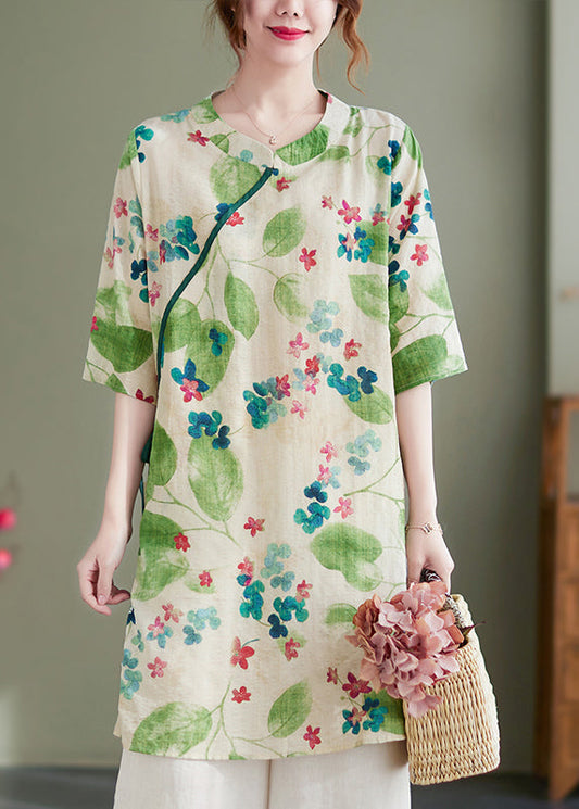 Vintage Green O-Neck Tie Waist Print Linen Dress Half Sleeve