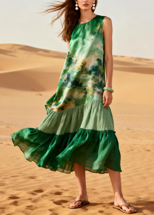 Vintage Green Oversized Patchwork Silk Mid Dress Summer