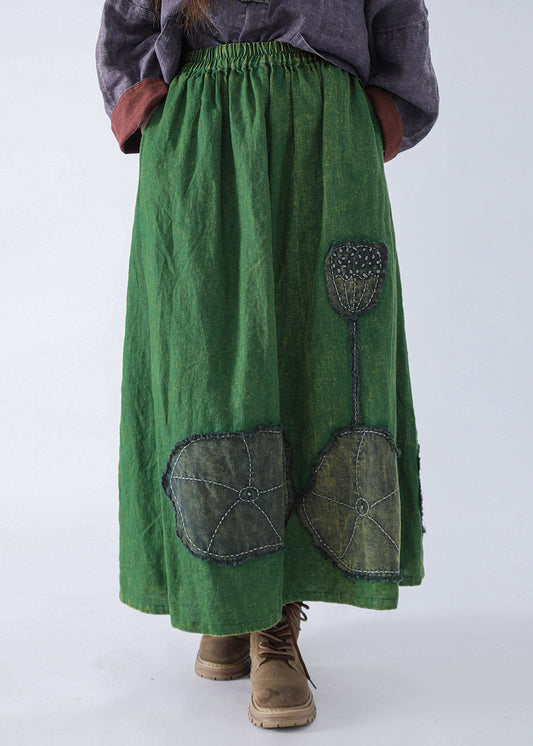 Vintage Green Patch Linen A Line Skirt Fall