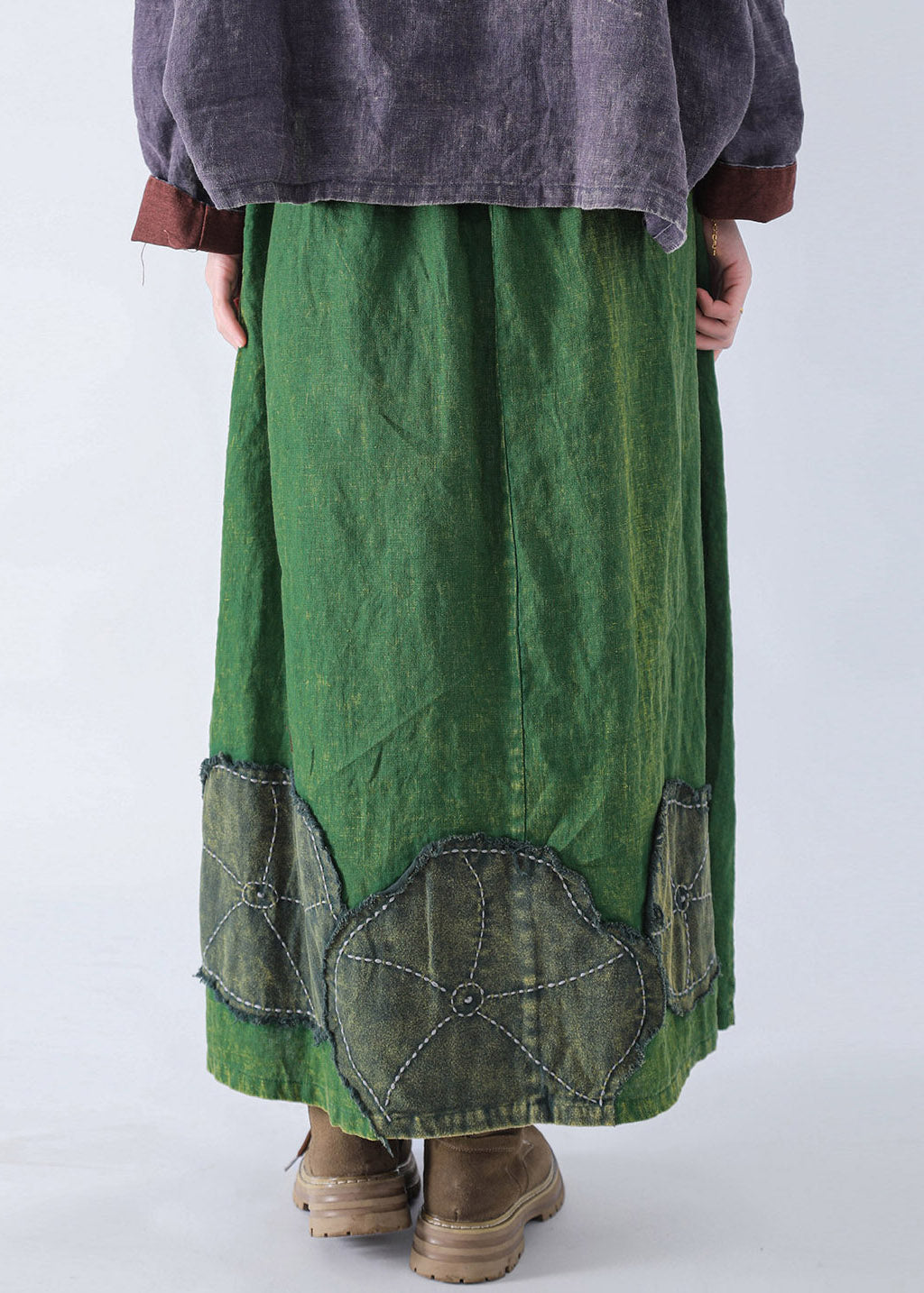 Vintage Green Patch Linen A Line Skirt Fall