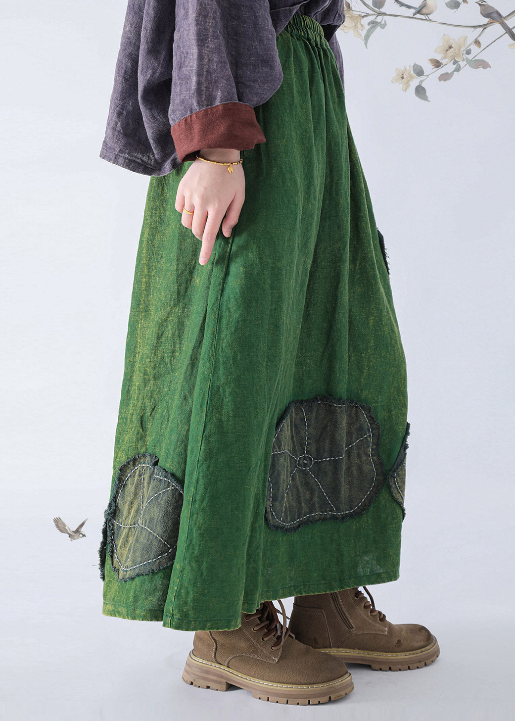 Vintage Green Patch Linen A Line Skirt Fall