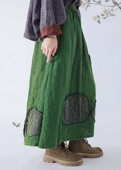 Vintage Green Patch Linen A Line Skirt Fall