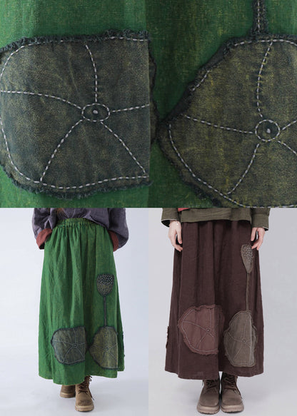 Vintage Green Patch Linen A Line Skirt Fall