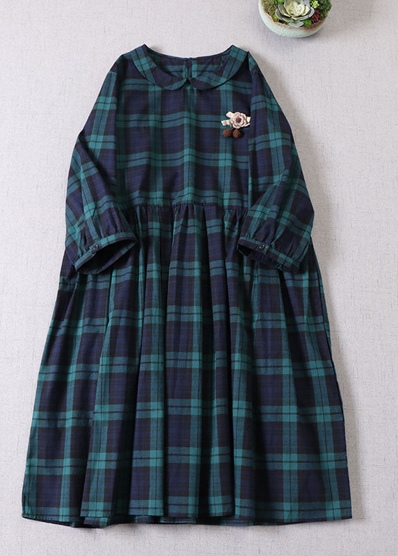 Vintage Green Peter Pan Collar Plaid Cotton Dress Spring