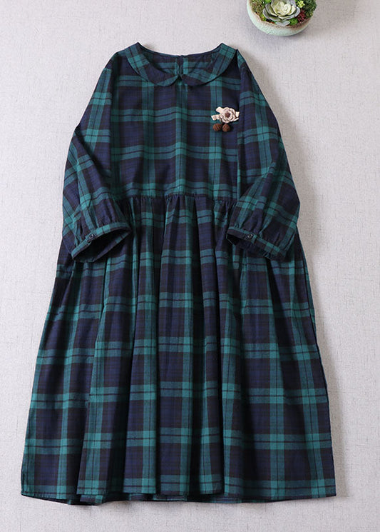 Vintage Green Peter Pan Collar Plaid Cotton Dress Spring