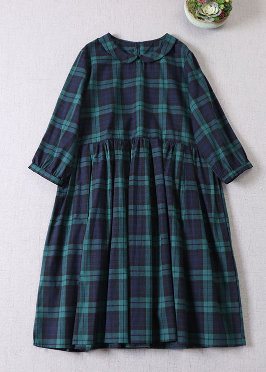Vintage Green Peter Pan Collar Plaid Cotton Dress Spring