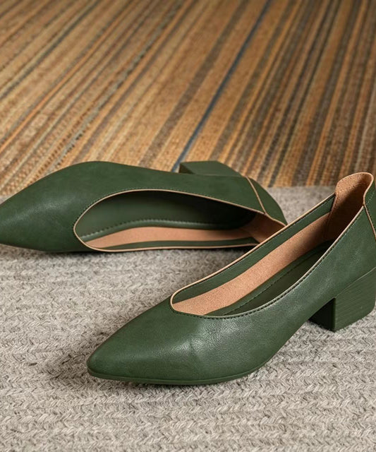 Vintage Green Pointed Toe Faux Leather Chunky High Heels