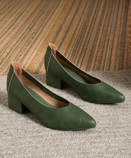 Vintage Green Pointed Toe Faux Leather Chunky High Heels