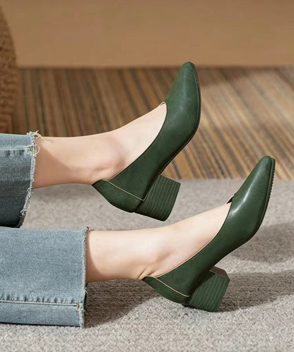 Vintage Green Pointed Toe Faux Leather Chunky High Heels