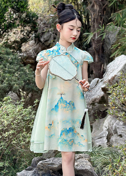 Vintage Green Print Chiffon Patchwork Kids Mid Dresses Short Sleeve