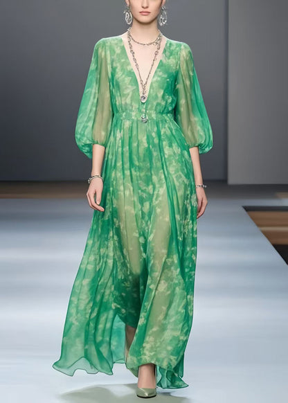 Vintage Green Print Chiffon Robe Dresses Bracelet Sleeve