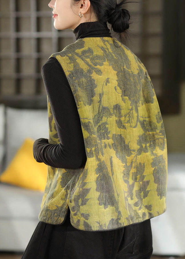 Vintage Green Print Chinese Button Cotton Vest Top Fall