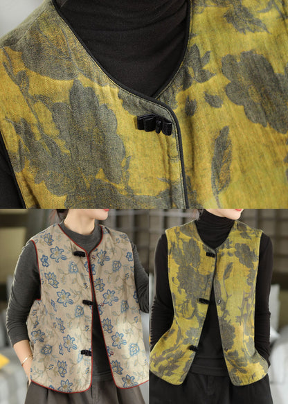 Vintage Green Print Chinese Button Cotton Vest Top Fall