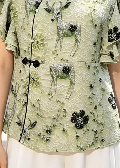 Vintage Green Print Chinese Button Silk Shirt Butterfly Sleeve