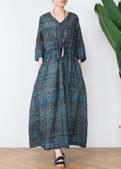Vintage Green Print Cotton V Necktie Waist Spring Long Dress - SooLinen