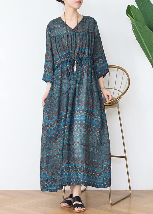 Vintage Green Print Cotton V Necktie Waist Spring Long Dress - SooLinen