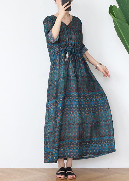 Vintage Green Print Cotton V Necktie Waist Spring Long Dress - SooLinen