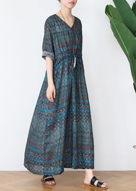 Vintage Green Print Cotton V Necktie Waist Spring Long Dress - SooLinen