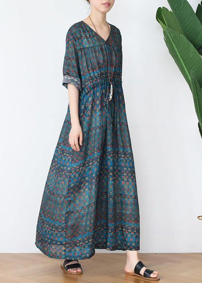 Vintage Green Print Cotton V Necktie Waist Spring Long Dress - SooLinen