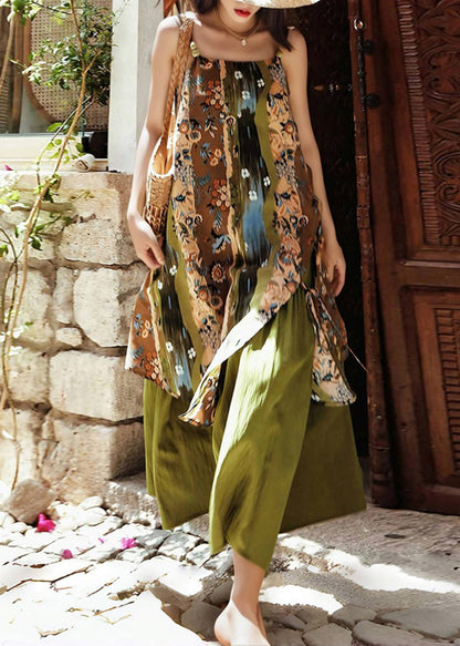 Vintage Green Print Holiday Long Spaghetti Strap Dress Sleeveless
