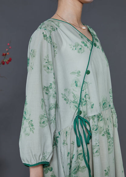 Vintage Green Print Linen Oriental Dresses Bracelet Sleeve