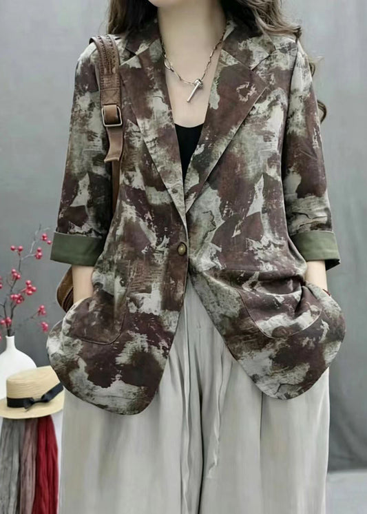 Vintage Green Print Notched Pockets Thin Jacket Fall