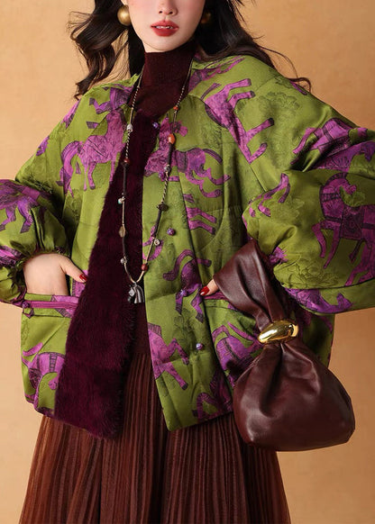 Vintage Green Print Patchwork Mink Velvet Duck Down Puffers Jackets Winter