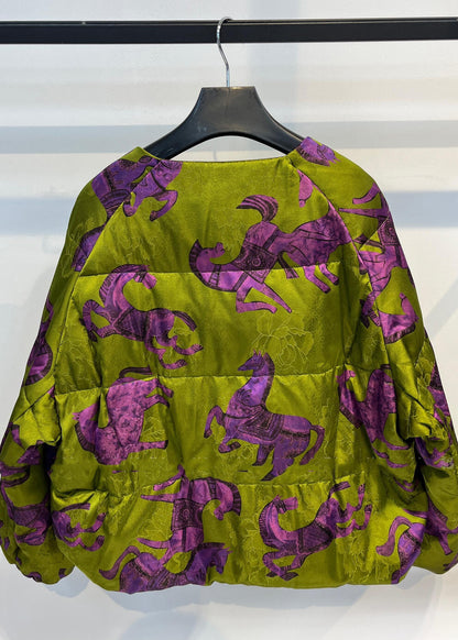 Vintage Green Print Patchwork Mink Velvet Duck Down Puffers Jackets Winter