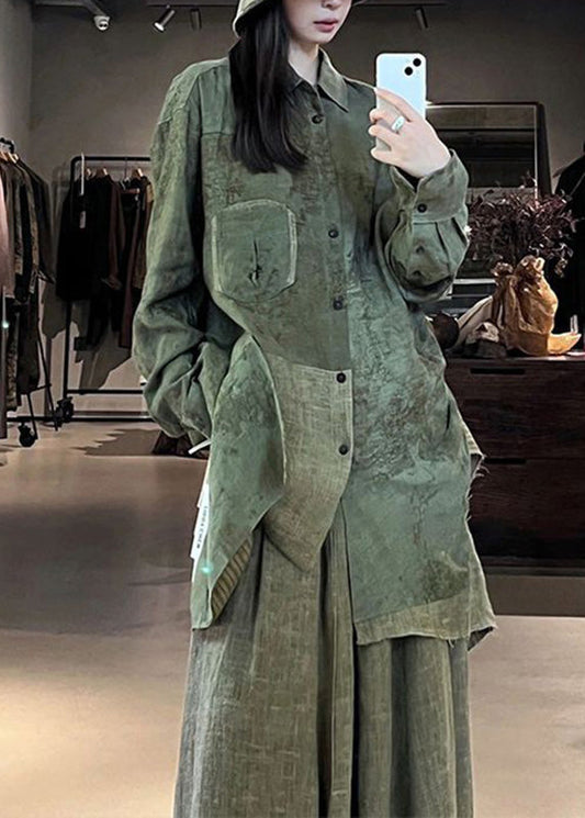 Vintage Green Print Patchwork Shirts And Maxi Skirts Two Pieces Set Fall