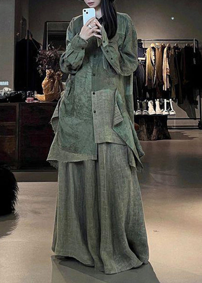 Vintage Green Print Patchwork Shirts And Maxi Skirts Two Pieces Set Fall