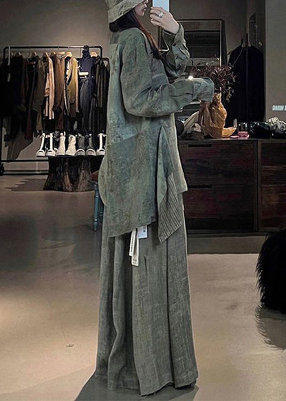 Vintage Green Print Patchwork Shirts And Maxi Skirts Two Pieces Set Fall