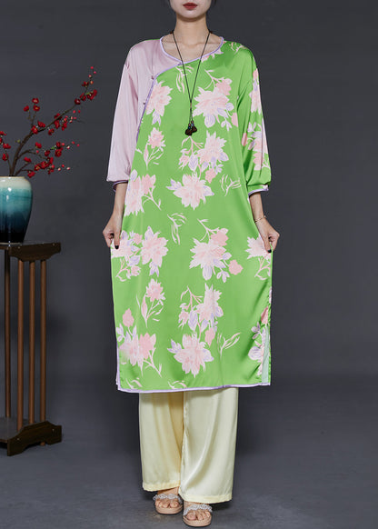 Vintage Green Print Patchwork Silk Two Pieces Set Summer