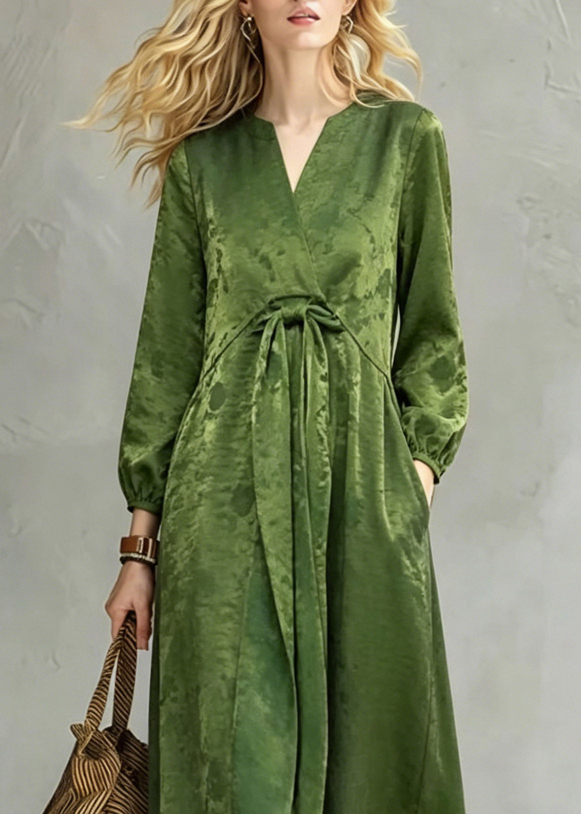 Vintage Green Print Pockets Bow Long Dress Fall