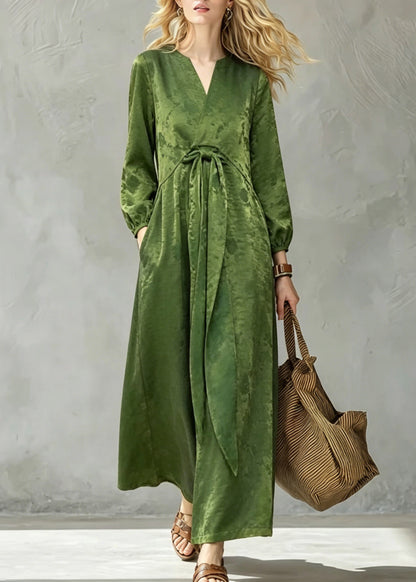 Vintage Green Print Pockets Bow Long Dress Fall