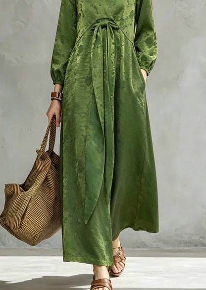 Vintage Green Print Pockets Bow Long Dress Fall