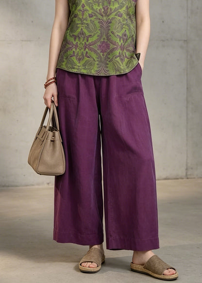 Vintage Green Print Top And Purple Pants Cotton Two Pieces Set Summer