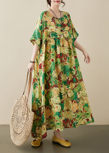 Vintage Green Print Wrinkled Maxi Dresses Short Sleeve
