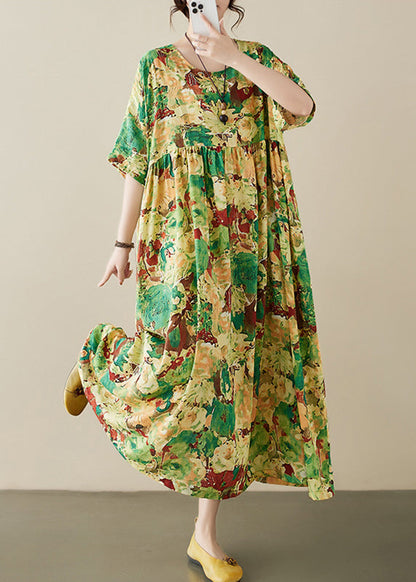 Vintage Green Print Wrinkled Maxi Dresses Short Sleeve
