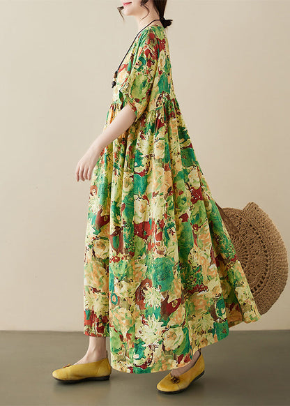 Vintage Green Print Wrinkled Maxi Dresses Short Sleeve