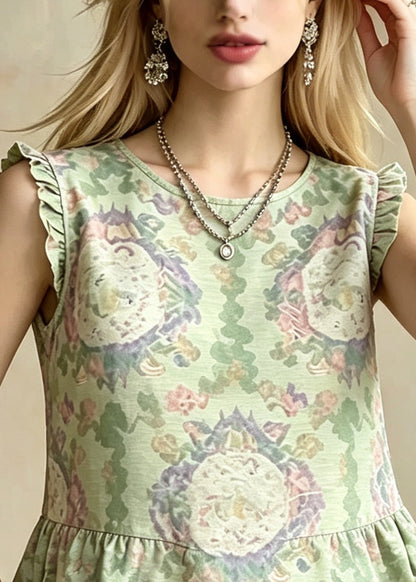 Vintage Green Ruffled Jacquard Silk Blouses Sleeveless